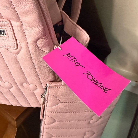 Betsey Johnson Pink Kitsch Large Backpack with Heart Accents Matching Pouch NEW